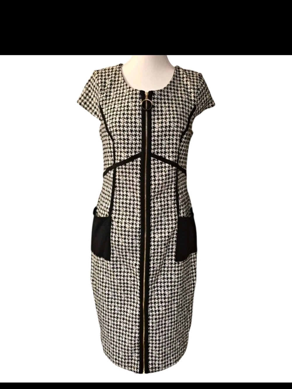 DKNY Women's Black White Houndstooth Knit Sheath Dress Round Neck Zip 10